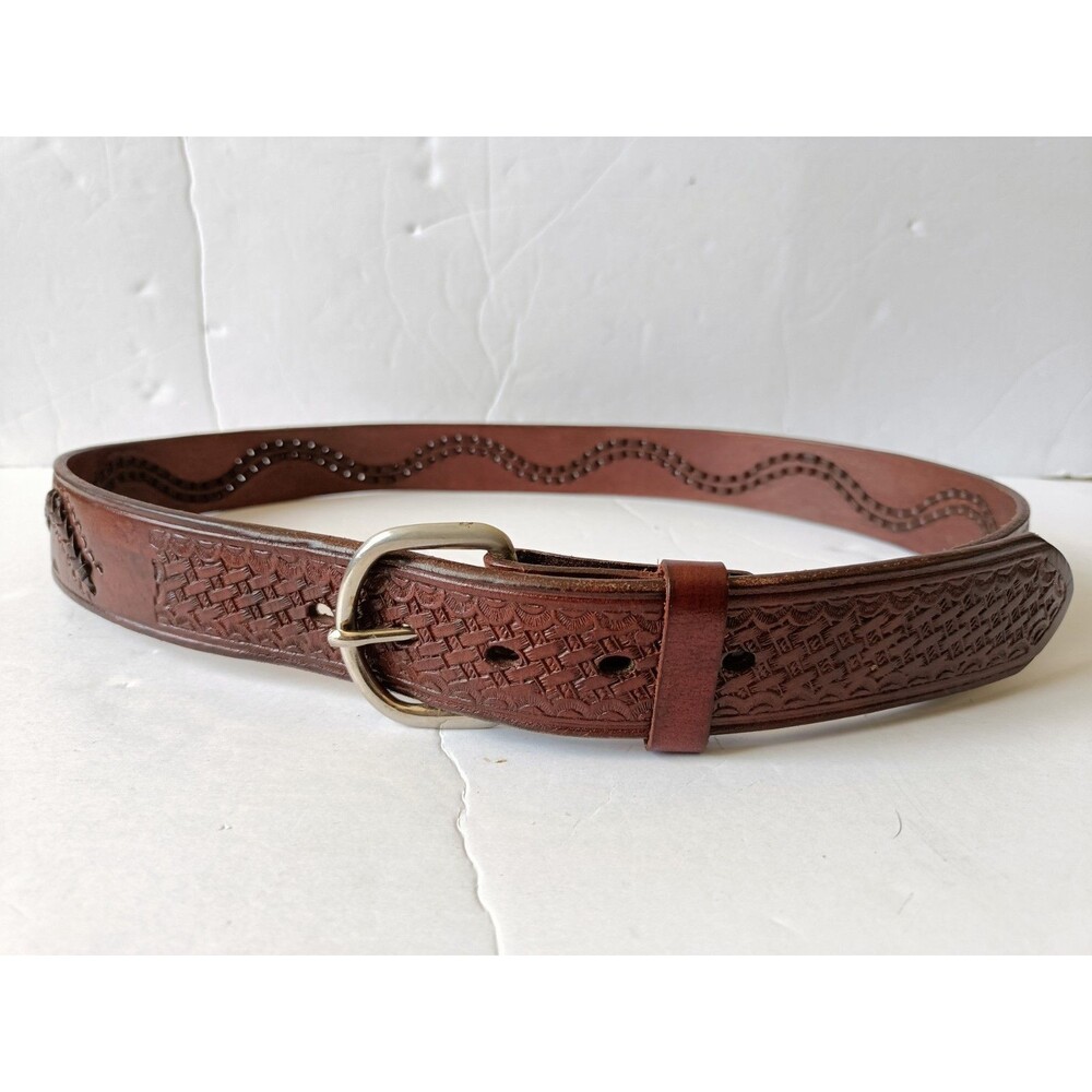 Embossed Brown Leather Belt Made In Mexico Braided Tooled Sz 38